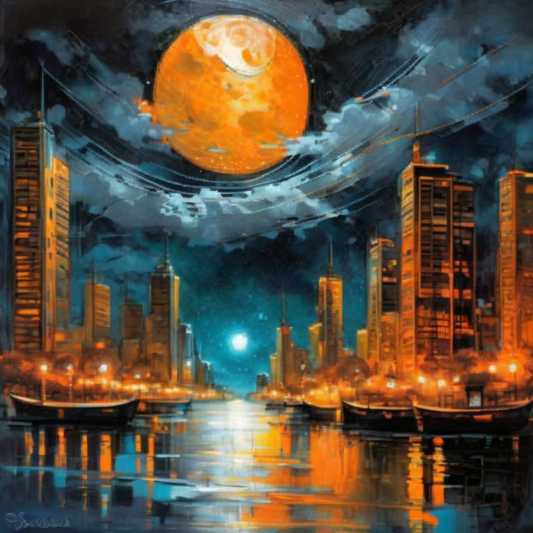 Surreal night cityscape with skyscrapers, orange moon, boats, and swirling clouds