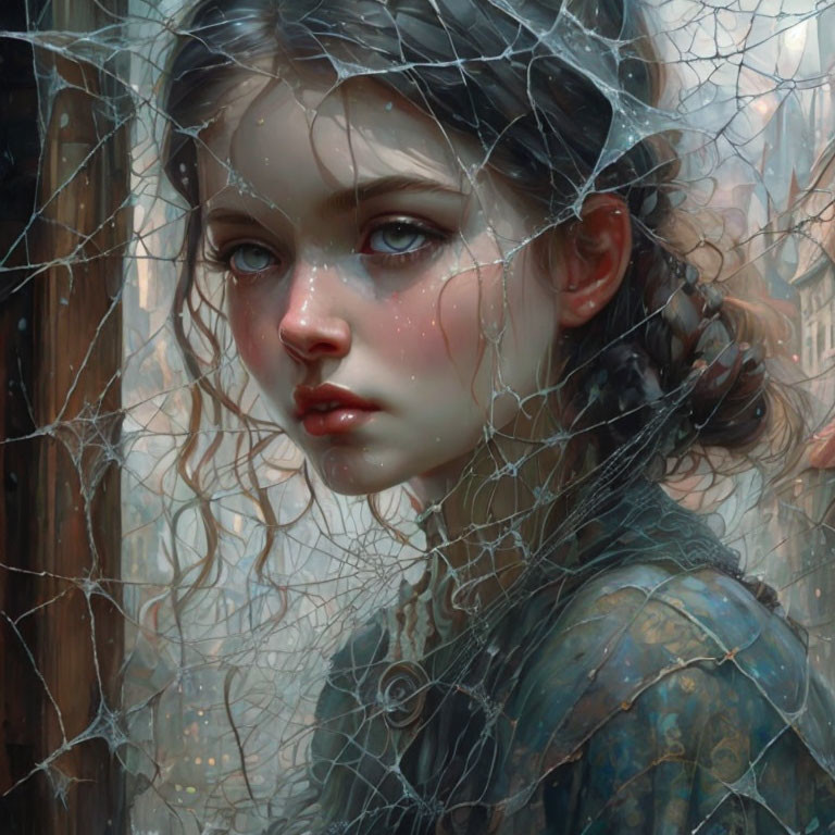 Portrait of young woman with blue eyes surrounded by cobwebs in misty forest