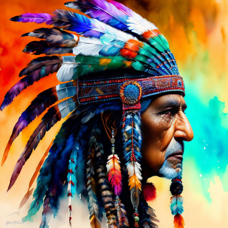 Colorful Native American headdress portrait against warm background