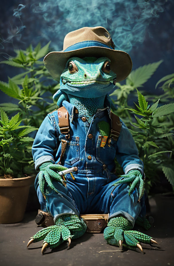 Frog in denim jumpsuit with leather accessories among cannabis plants