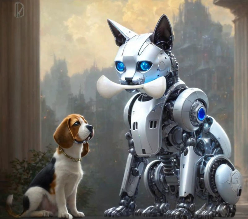 Beagle dog staring at large blue-eyed robotic dog in cityscape