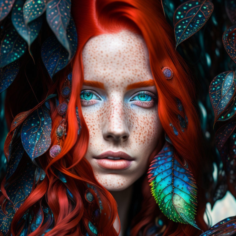 Vibrant red-haired woman with blue eyes in colorful leafy setting