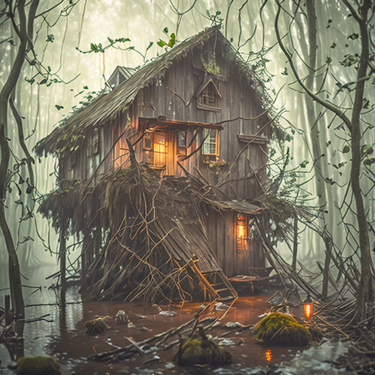 Enchanting treehouse in foggy forest with glowing windows