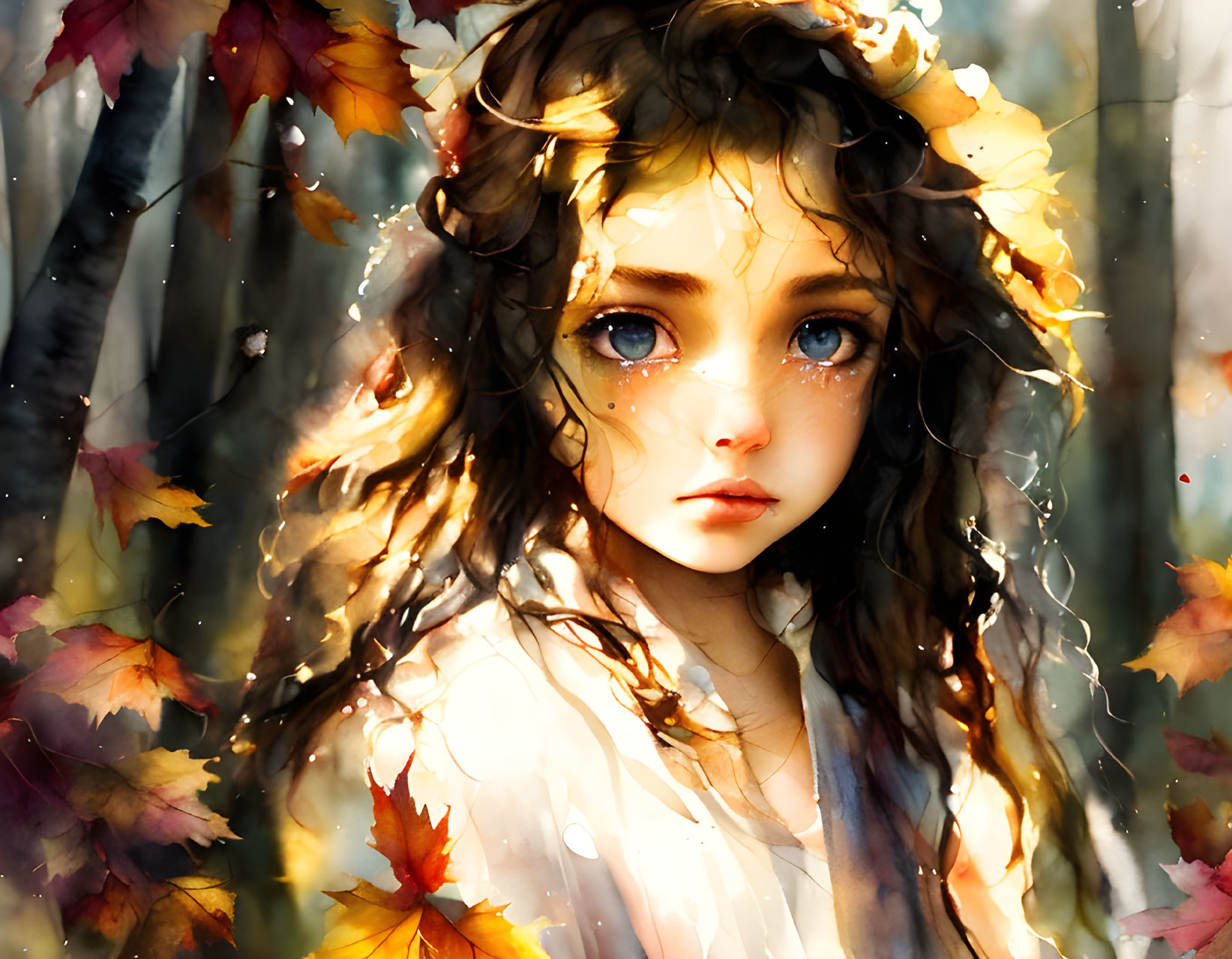 Wistful young girl in autumn setting with large blue eyes