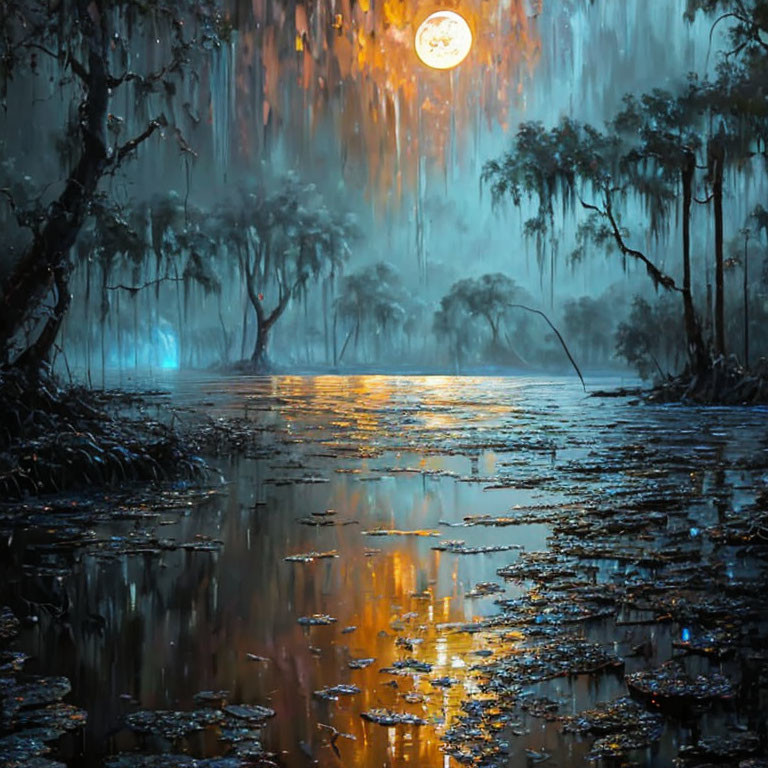 Moonlit swamp with golden reflections, silhouetted trees, hanging moss, misty sky