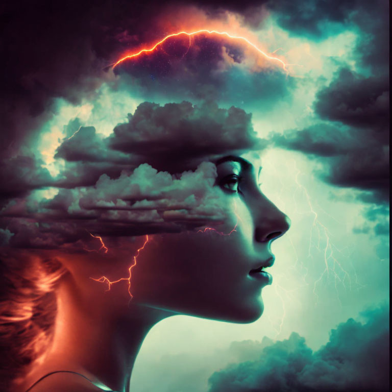 Woman's Profile Blended with Stormy Sky and Lightning