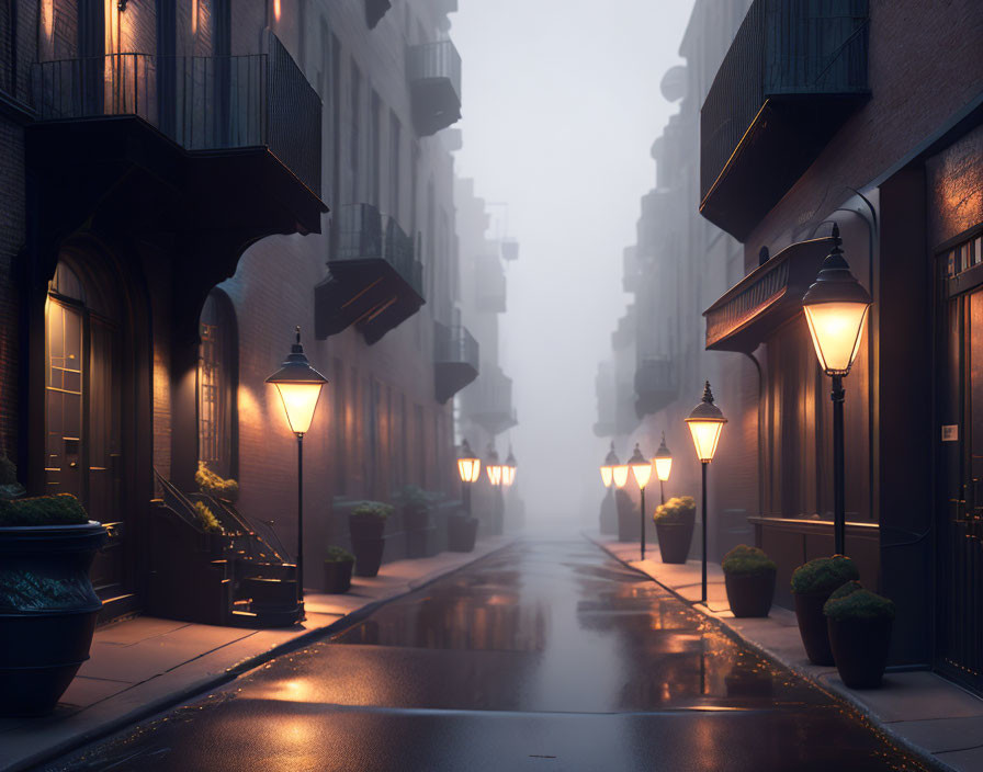 Urban alley at dawn or dusk: Glowing street lamps, wet ground, plants, mysterious fog