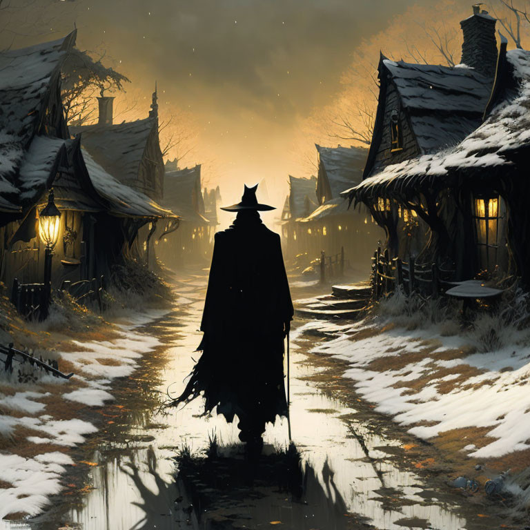 Mysterious figure in cloak and hat in snowy village at twilight