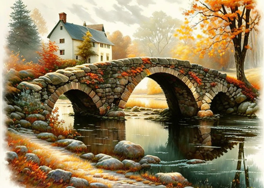 Tranquil autumn landscape with stone bridge, river, colorful foliage, and white house