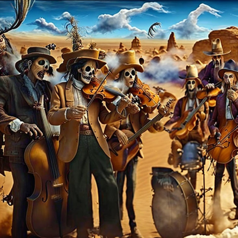 Skeleton Musicians in Western Attire Playing Instruments in Desert Landscape