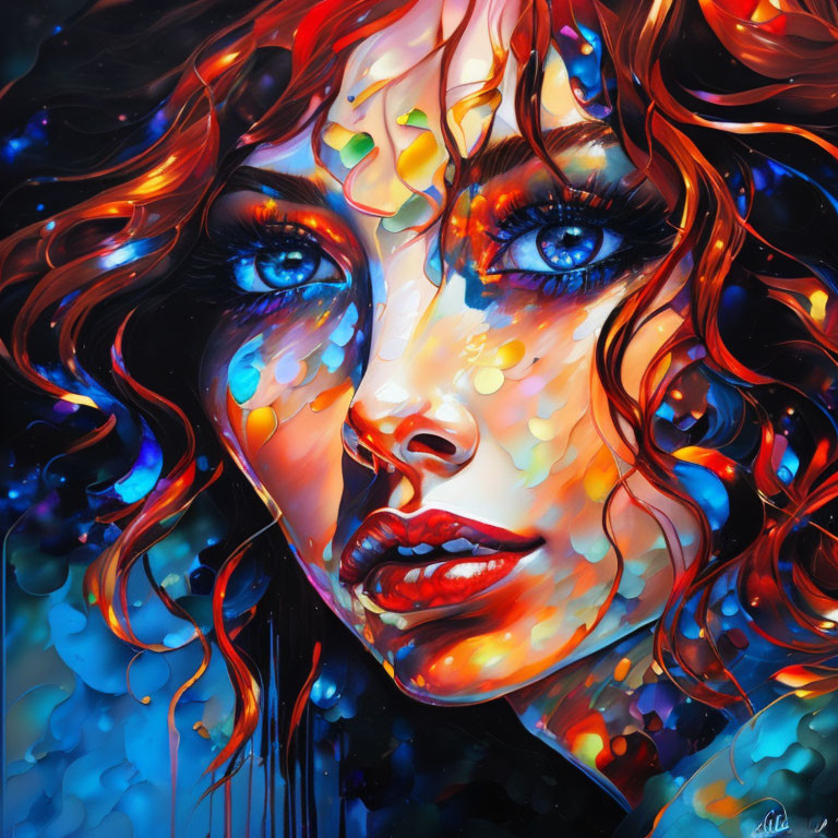 Colorful Artwork: Woman with Red Curly Hair and Blue Eyes surrounded by Patterns