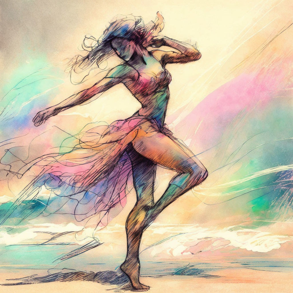 Vibrant sketch of a dancing woman with dynamic strokes