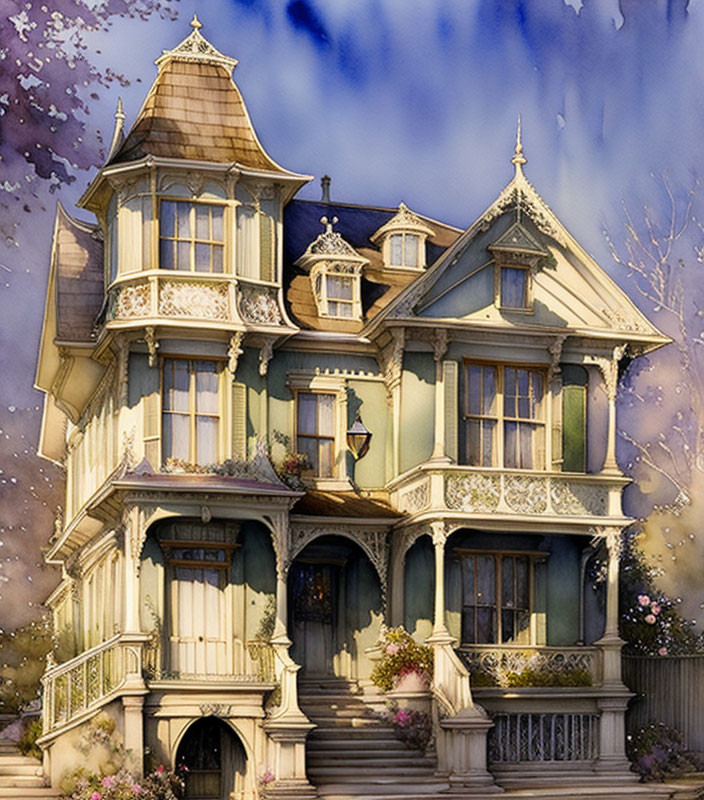 Victorian-style house illustration with turrets, balconies, and lush vegetation