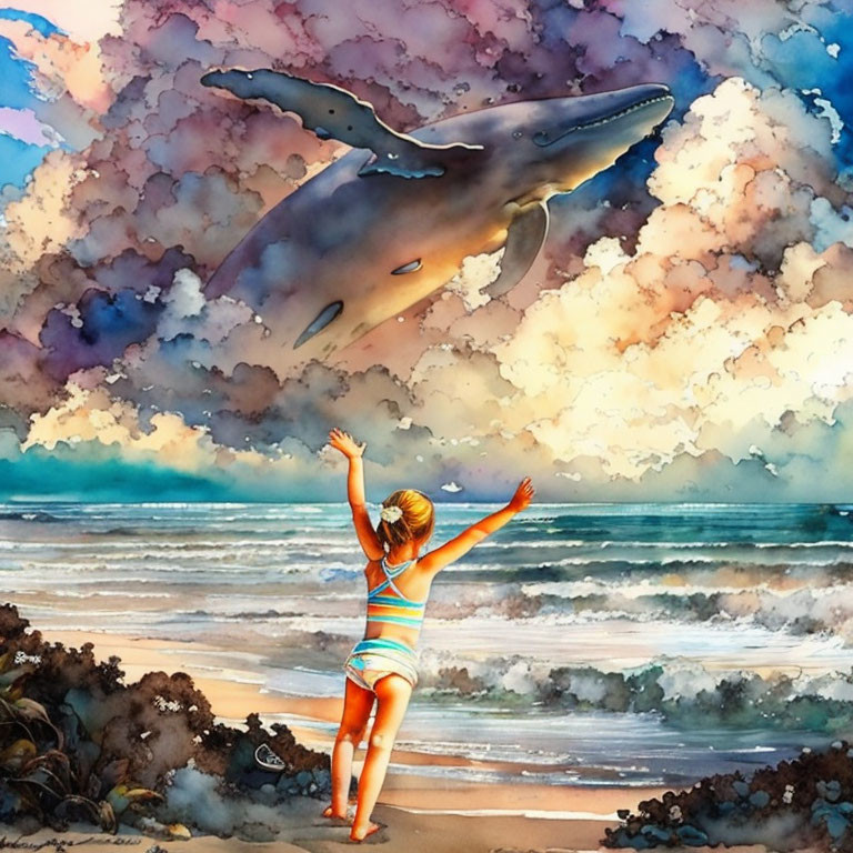 Young girl on beach under colorful cloud whale in sky