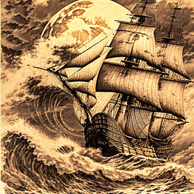 Sepia-Toned Tall Ship Sailing on Tumultuous Waves with Detailed Moon