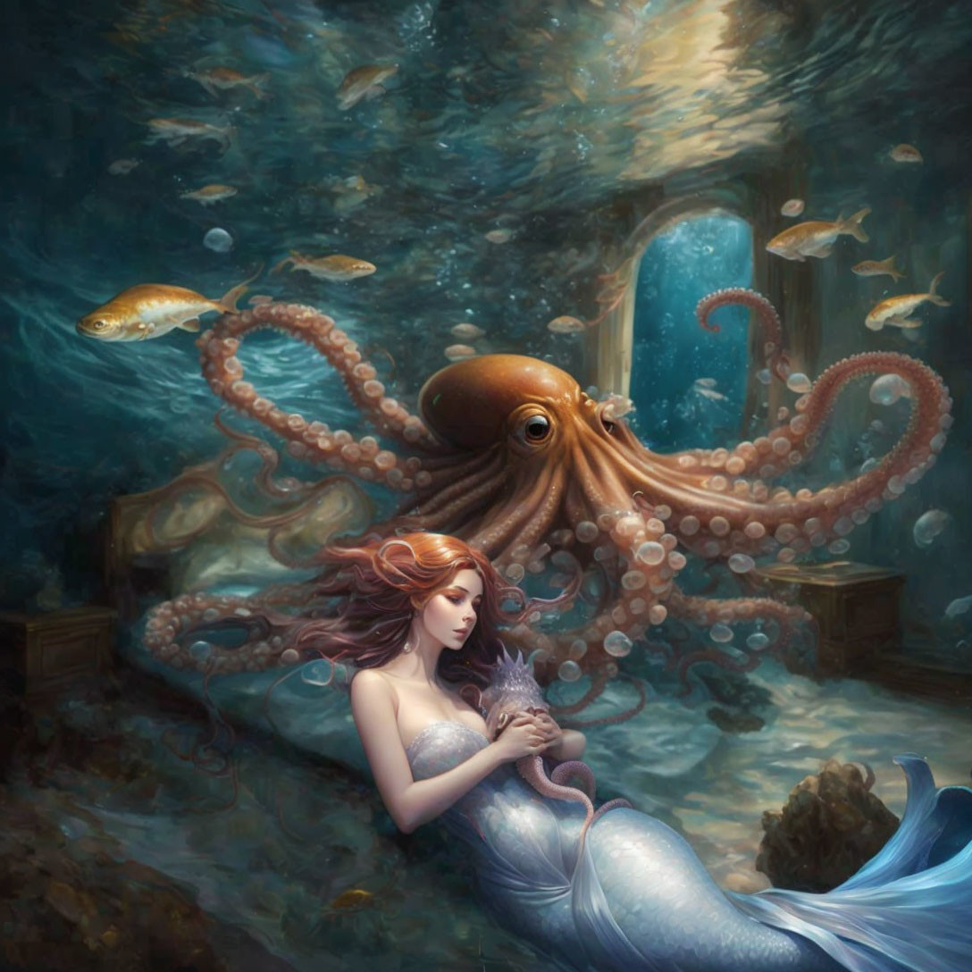 Mermaid with Seashell and Giant Octopus in Underwater Scene