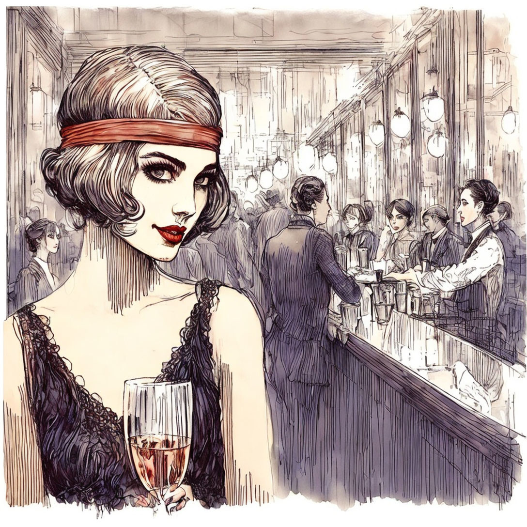 Vintage Illustration: Stylish Woman with Champagne Glass in Busy Bar