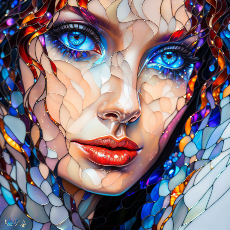 Vibrant digital artwork of a woman with fragmented face in shiny, stained-glass style