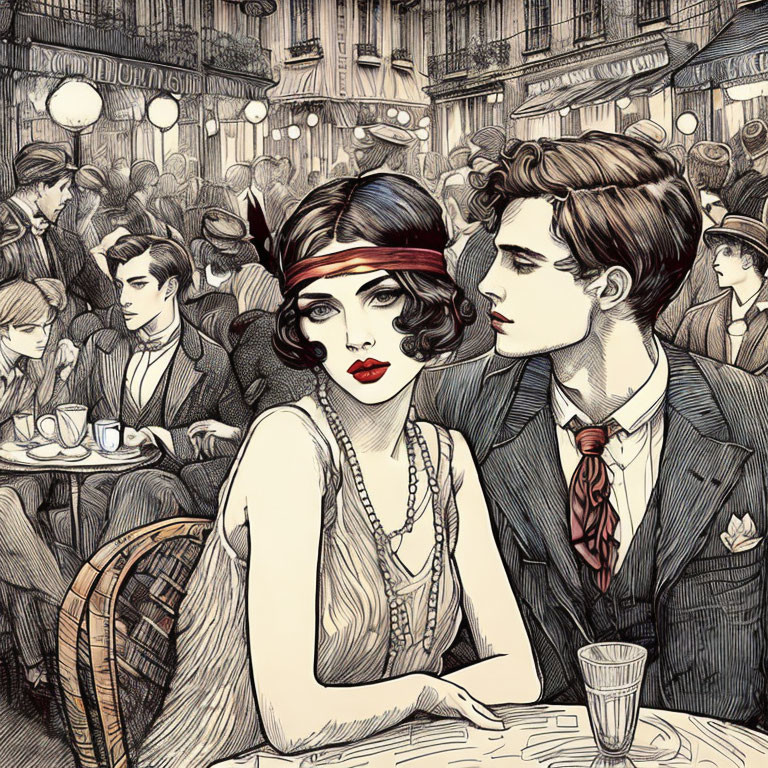 1920s flapper girl and man in vintage cafe illustration