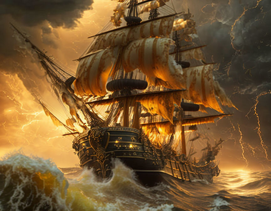 Sailing ship in stormy seas with lightning-filled sky