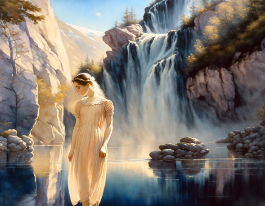 Tranquil painting of woman by waterfall in pastel dress