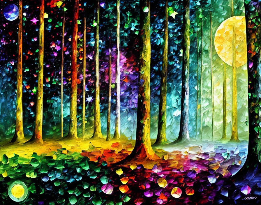 Colorful Abstract Forest Under Starry Sky with Moon