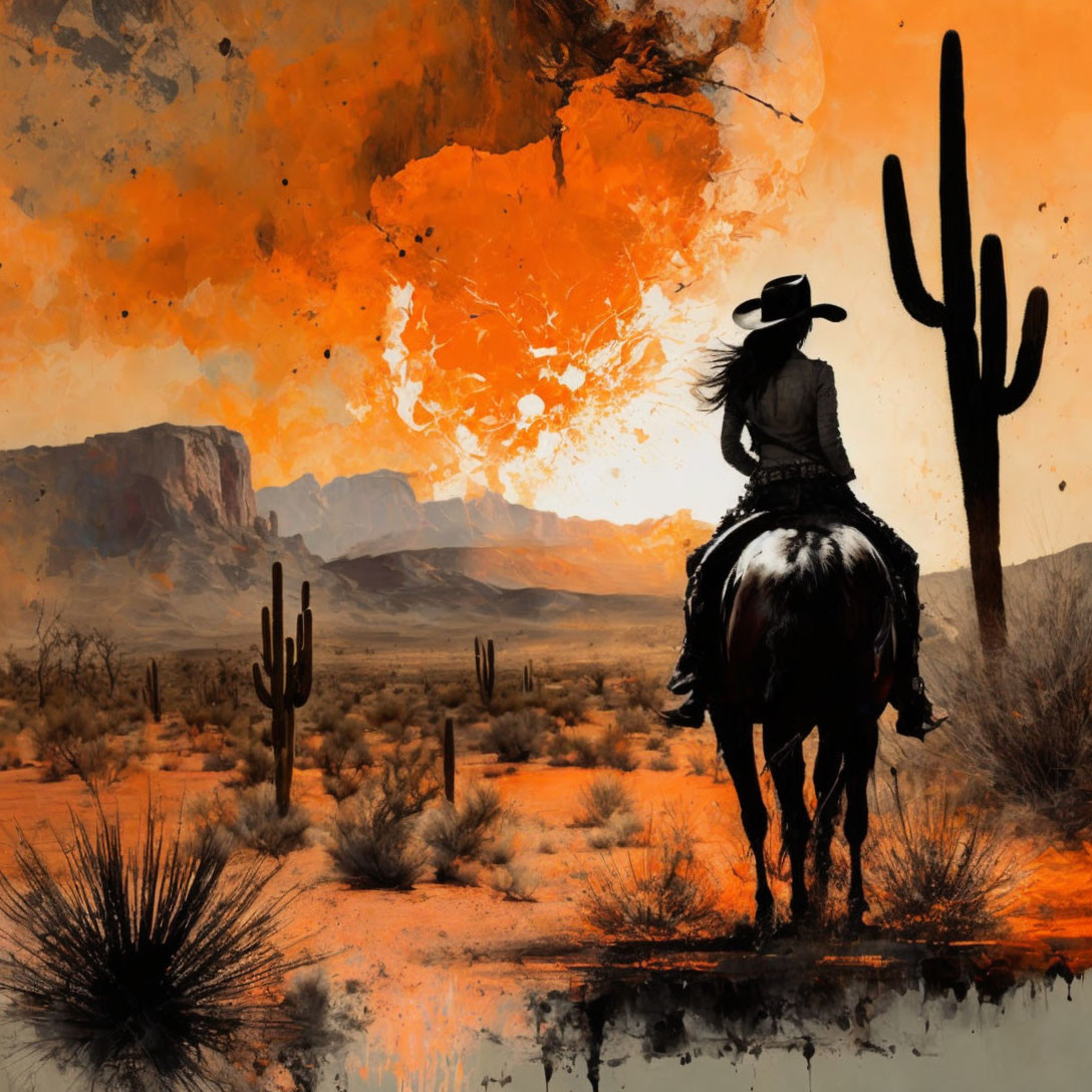 Silhouette of cowboy on horse in desert with cacti under fiery orange sky