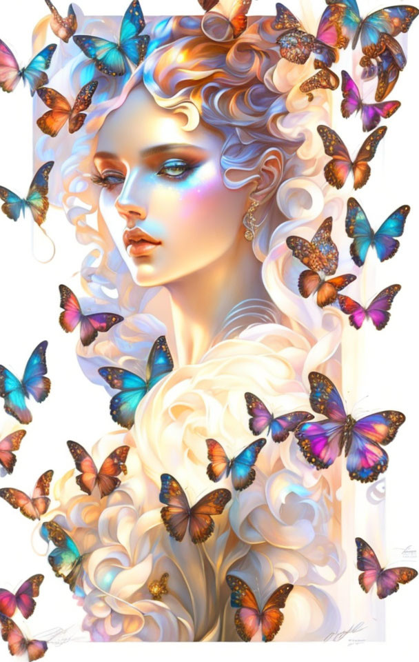 Iridescent woman with butterflies and floral attire