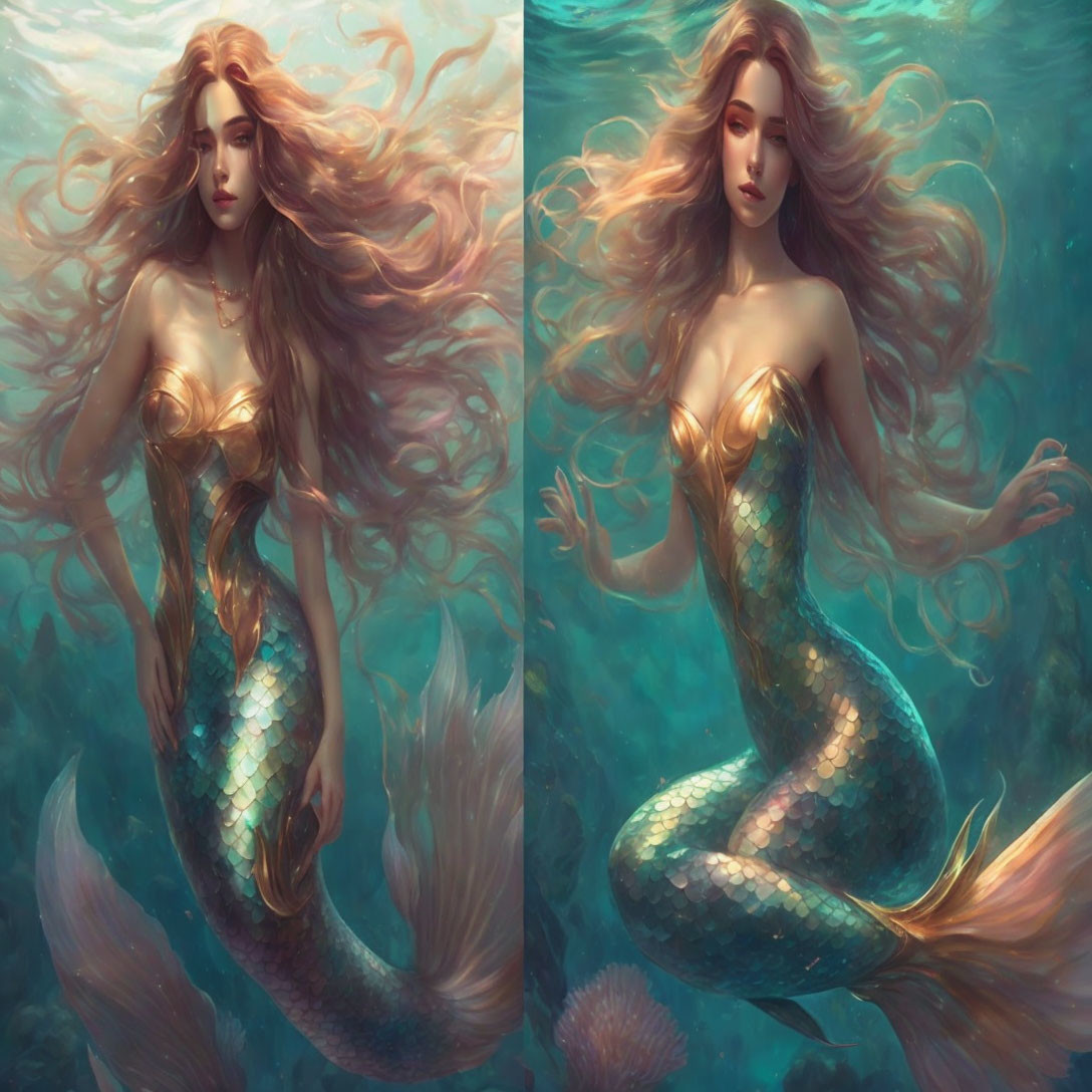 Mermaids with Long Flowing Hair and Shimmering Tails Underwater