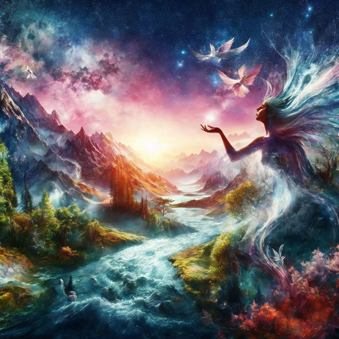 Celestial woman in vibrant landscape with mountains and ethereal wildlife