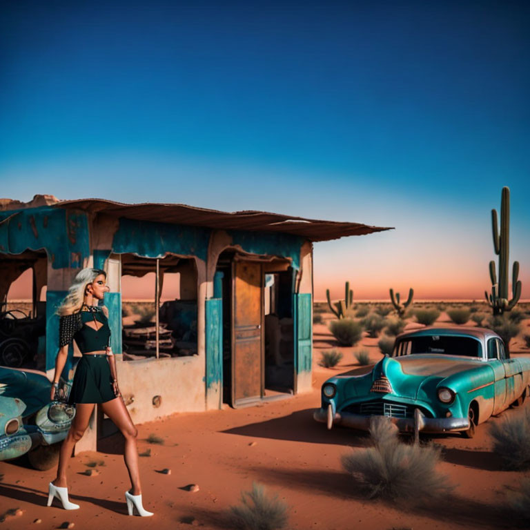 Stylish Figure Passing Deserted Building and Car in Twilight Desert