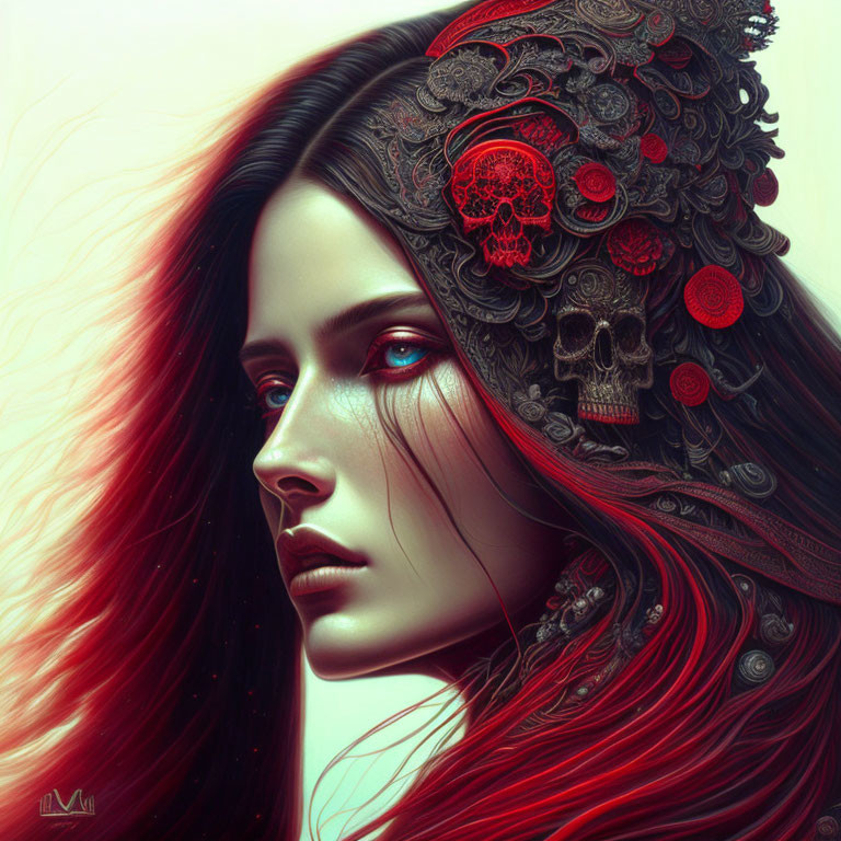 Digital artwork of woman with red hair and skull headdress