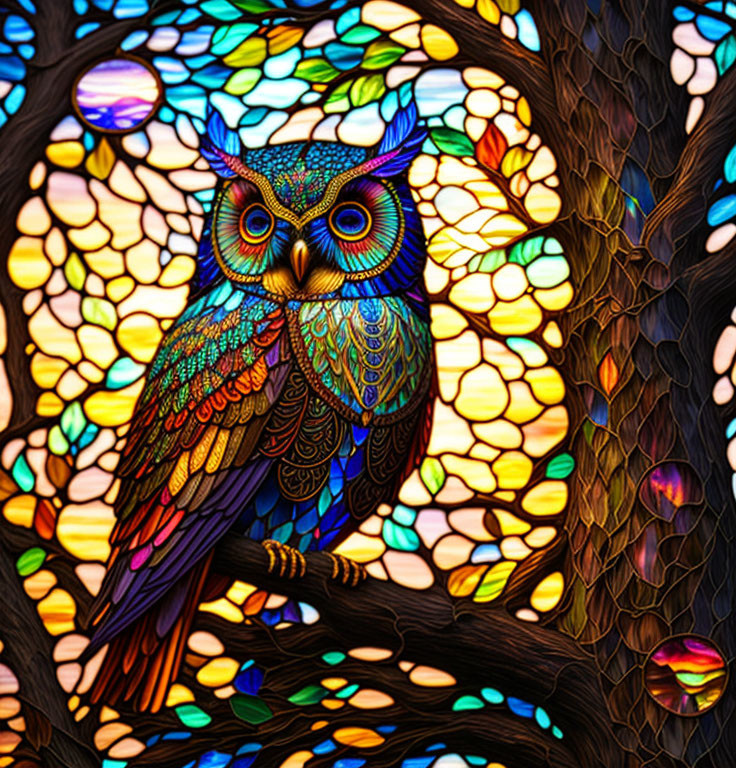 Colorful Owl Perched on Branch in Stained Glass Style