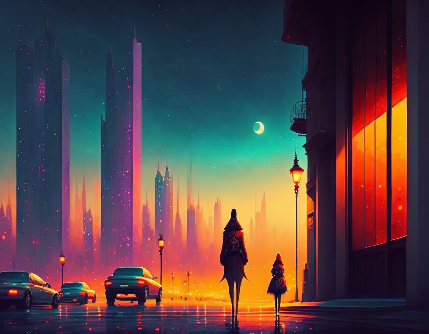 Silhouetted figures walking towards futuristic cityscape at night