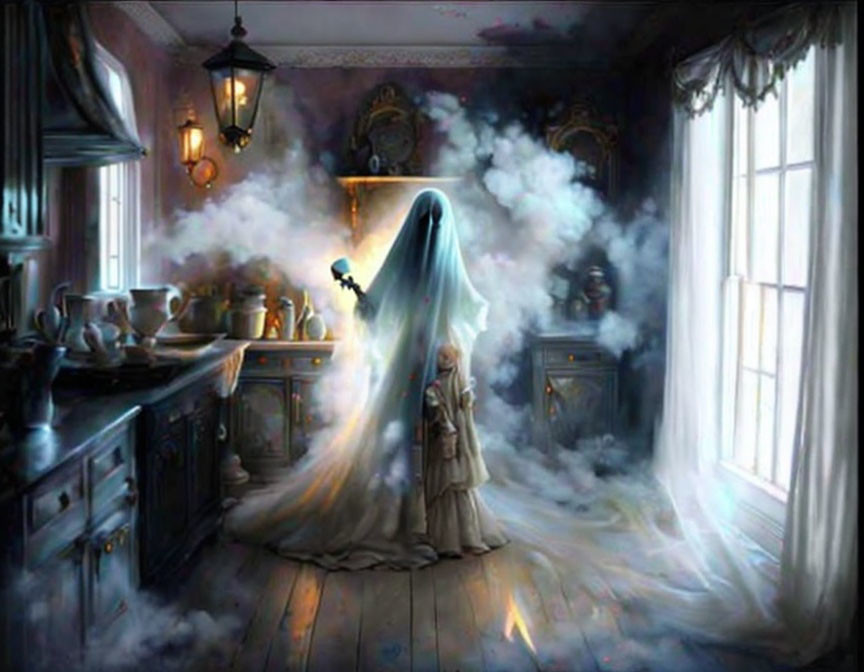 Ghostly Figure in Sheet with Child Detective in Vintage Kitchen