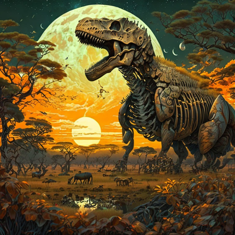 Skeletal T-Rex in prehistoric landscape with moon, sunset, dinosaurs, trees