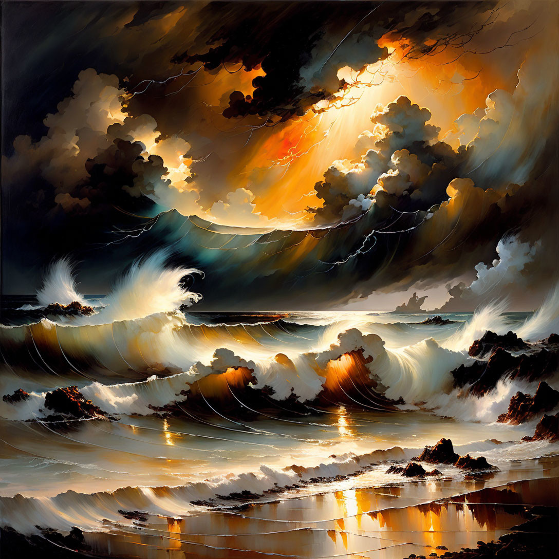 Dramatic seascape with turbulent waves and vivid sunset.