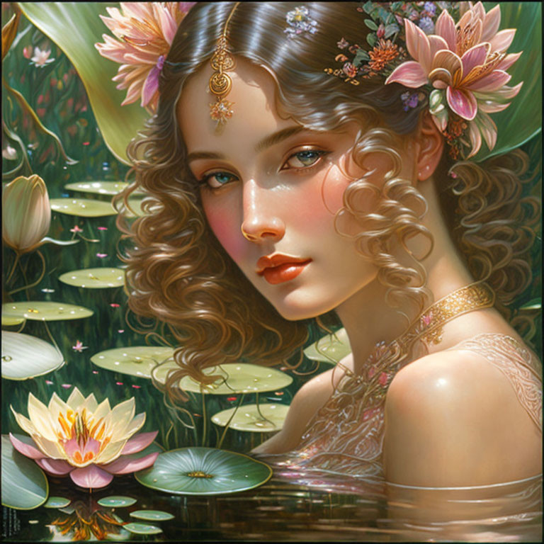 Detailed illustration: Woman with curly hair, flowers, jewelry, serene expression by lotus pond