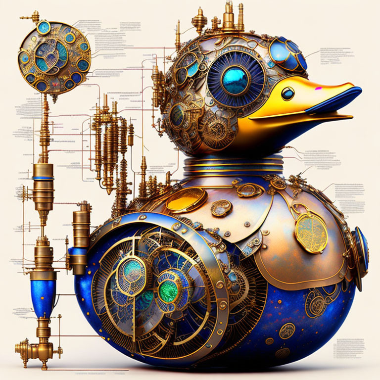 Detailed Steampunk Mechanical Duck in Blue and Gold Tones