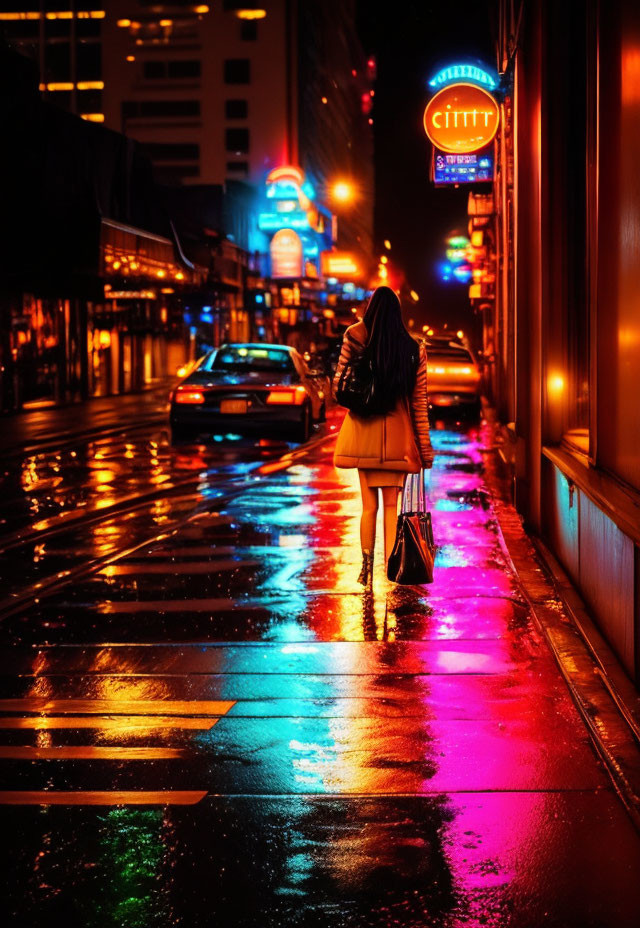 Woman walking on wet urban street at night under neon lights