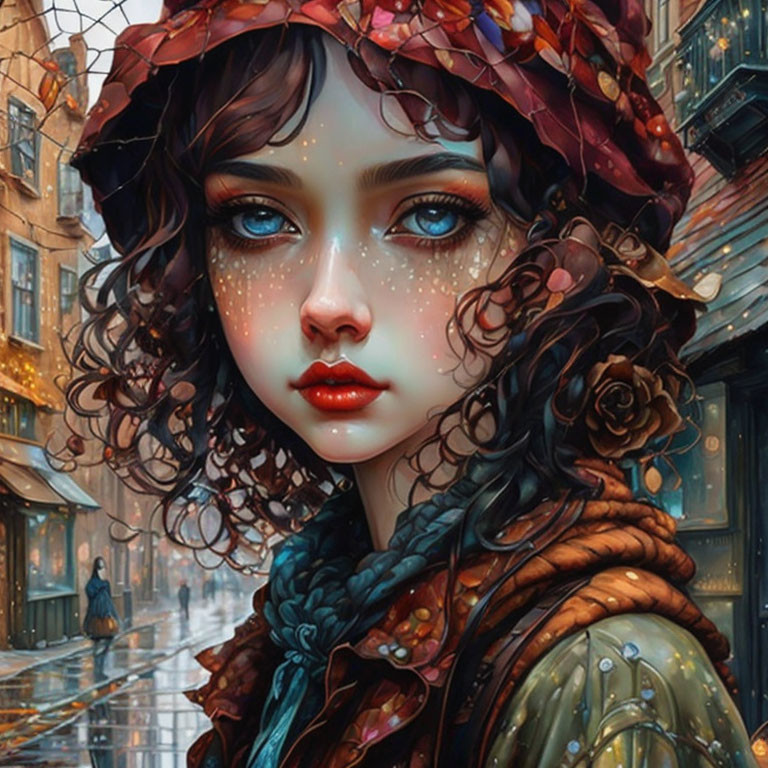 Digital artwork: Young woman with blue eyes, curly hair, floral hat, scarf, rainy street.