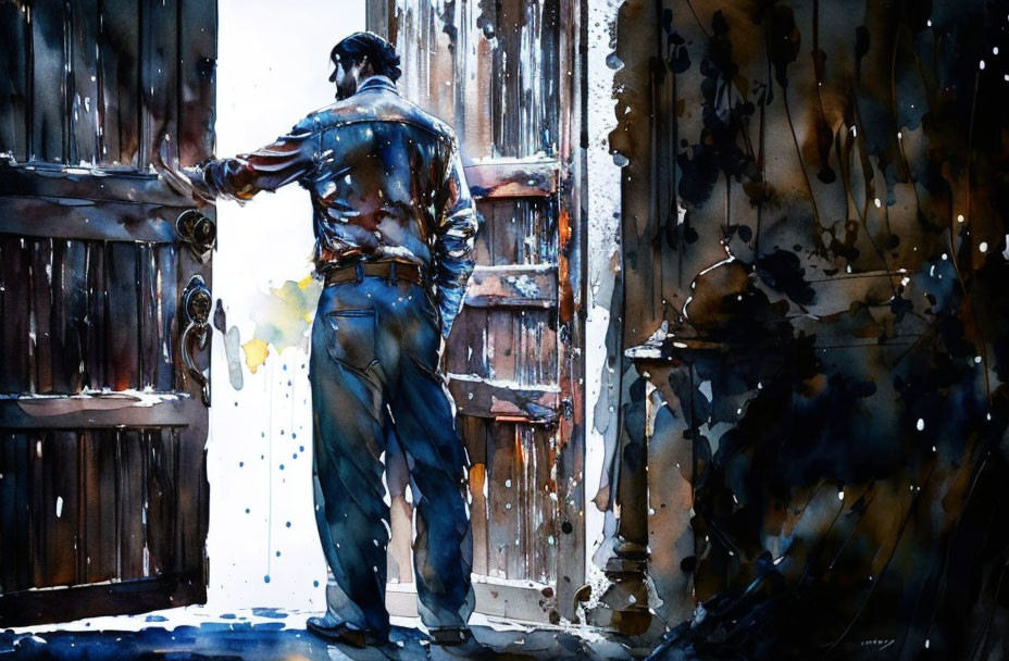 Man in jacket standing in front of rain-splattered door in watercolor painting