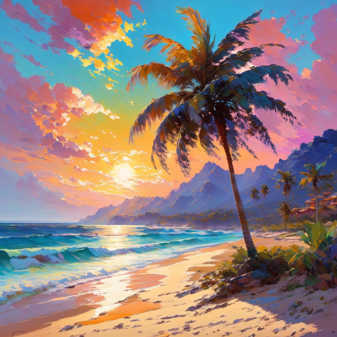 Scenic sunset beach with palm trees, waves, clouds, and mountains