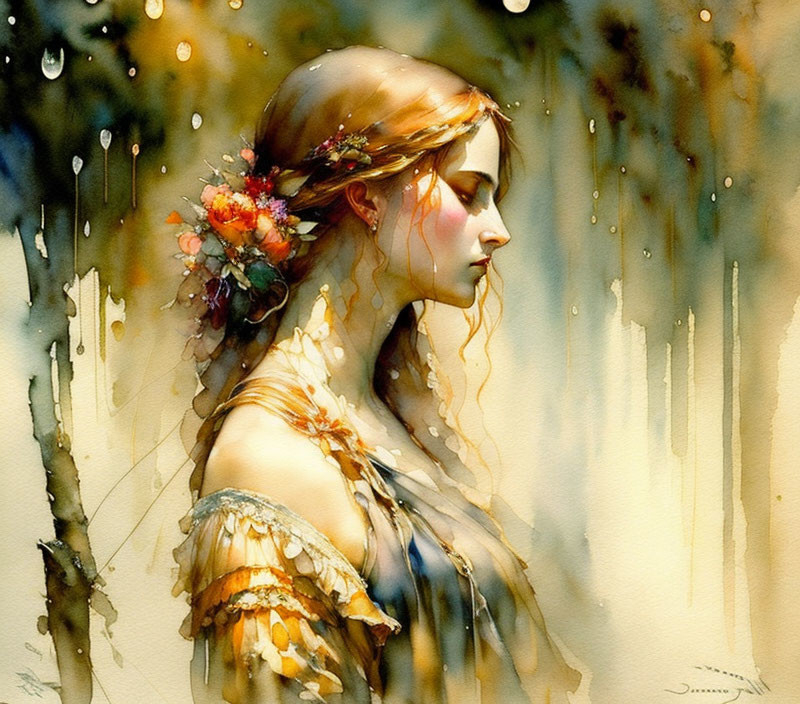 Woman in profile with floral headpiece in watercolor against streaked rain backdrop