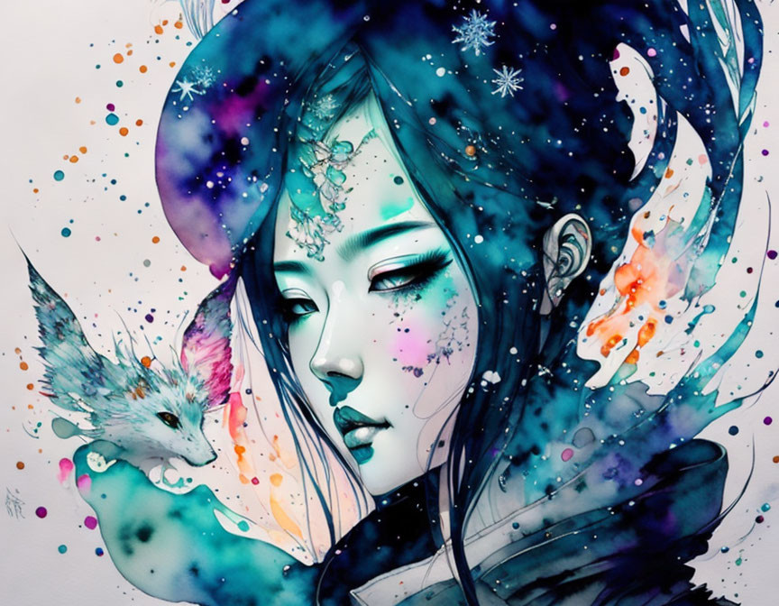 Colorful Artwork: Woman with Bird in Watercolor Splashes