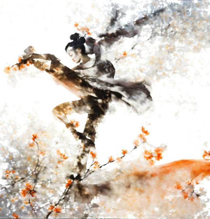 Stylized image: dancer mid-air, flowing garments, cherry blossoms