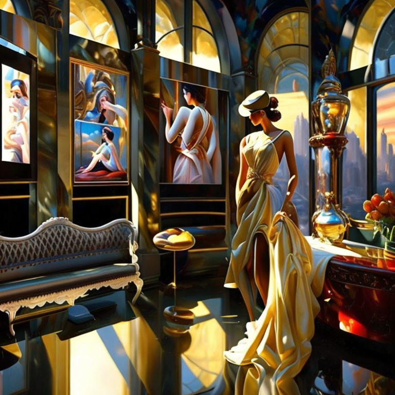 Woman in yellow dress and white hat in luxurious room with paintings and classical architecture.