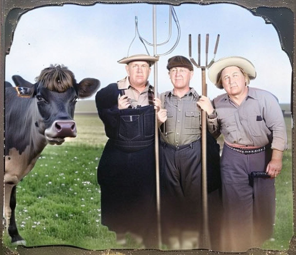 Three men in farm attire with pitchfork and rake, cow's head in pastoral setting