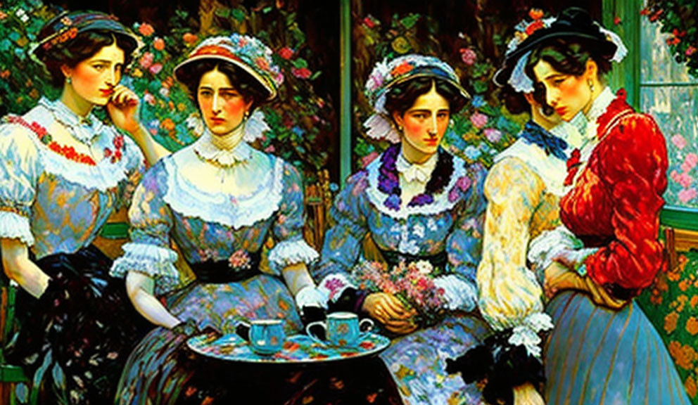 Victorian women at tea table in lush green setting