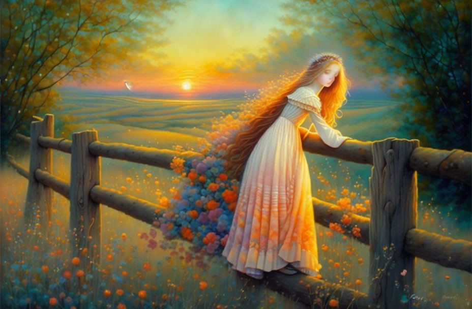 Woman in flowing dress leaning on wooden fence in blooming field at sunset